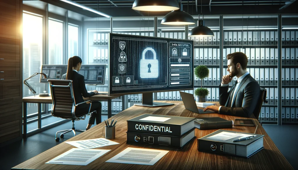 暗号化ソフトウェアが表示されたコンピュータスクリーンと機密文書が整理されたセキュアなオフィス環境。データ保護の重要性を強調しています。